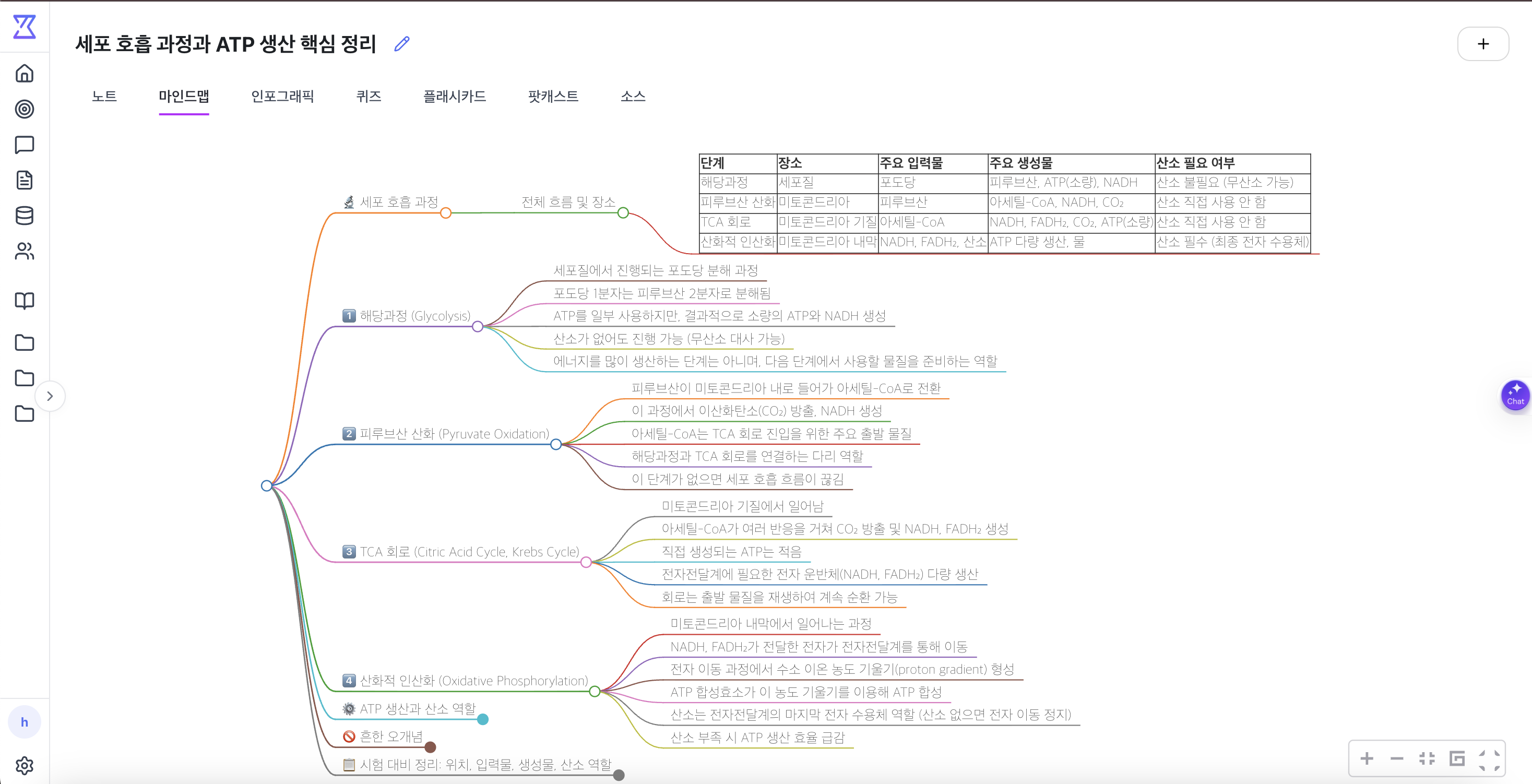 ThetaWave 마인드맵 예시 — 세포 호흡 과정과 ATP 생산 개념이 한국어 마인드맵으로 정리된 화면
