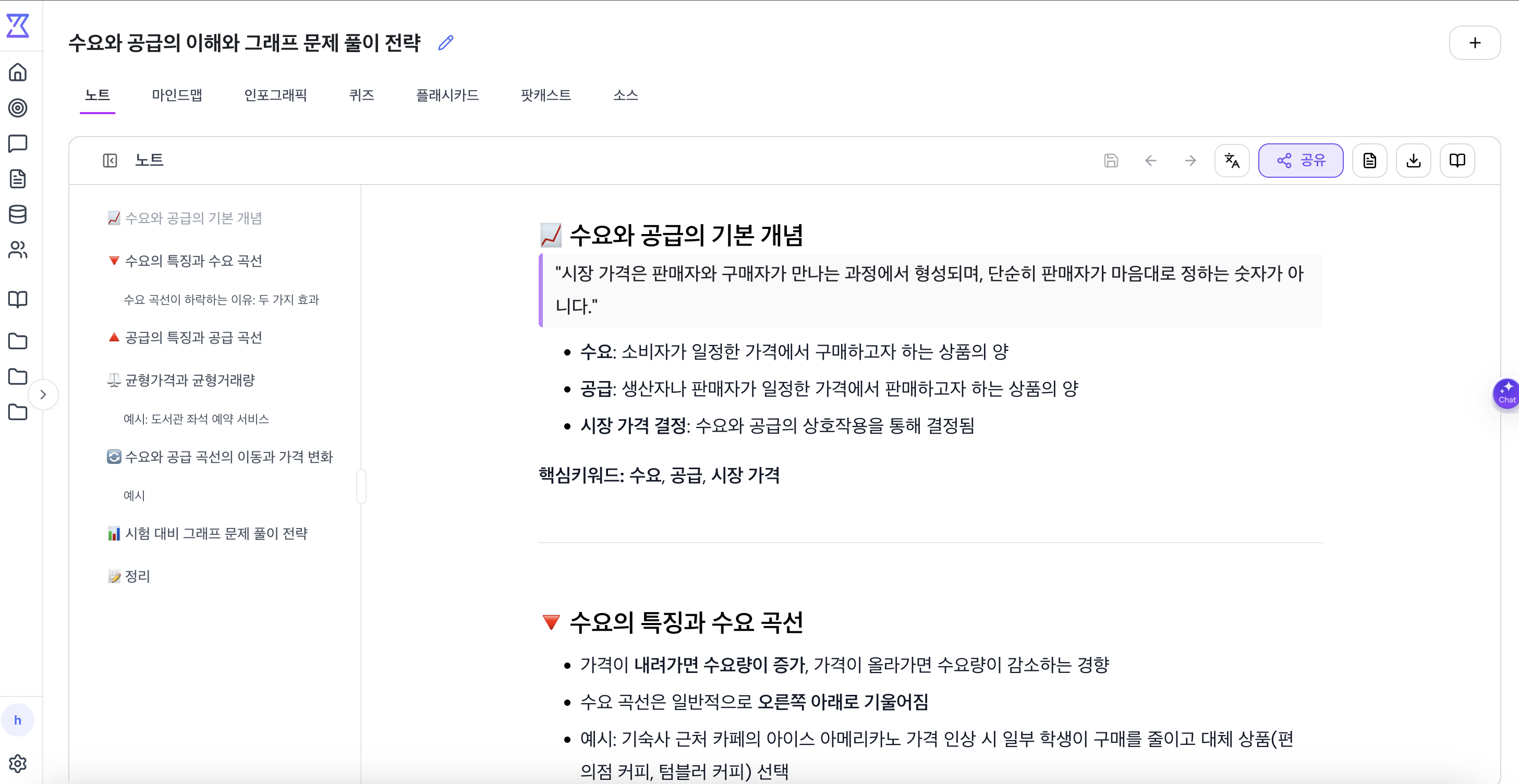 ThetaWave 유튜브 요약 AI 예시 — 수요와 공급 강의가 한국어 학습 노트로 정리된 화면