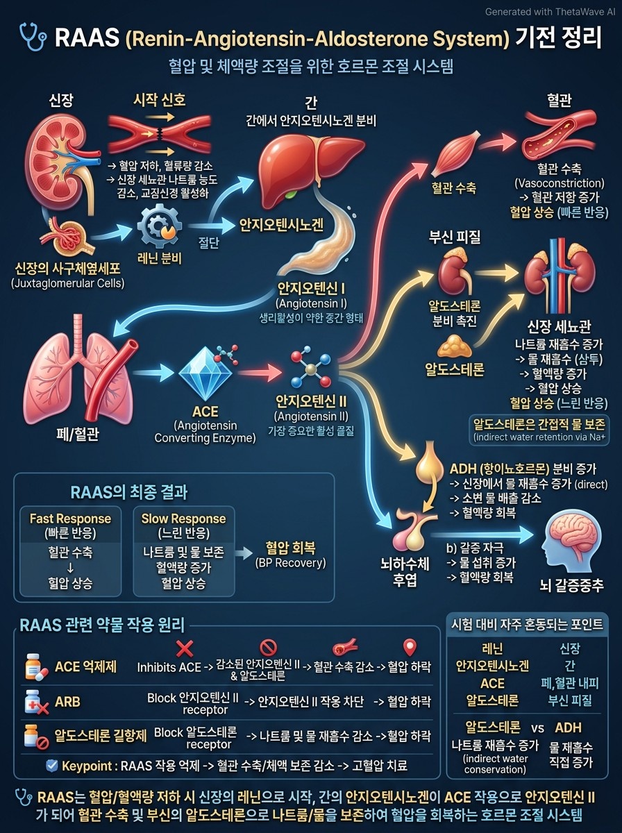 ThetaWave AI 인포그래픽 예시 — RAAS 기전이 한국어 시각 자료로 정리된 화면