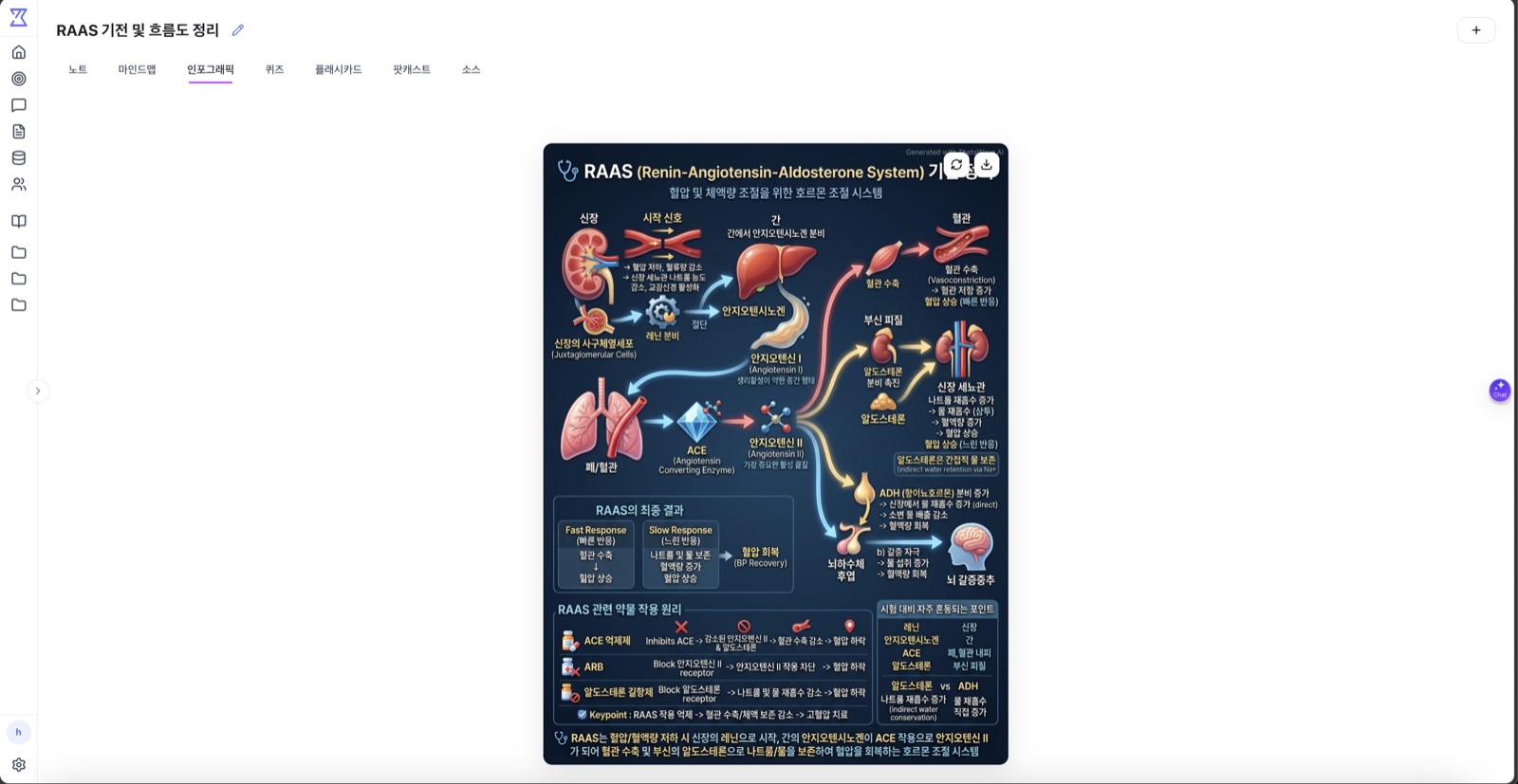 ThetaWave 제품 화면 — RAAS 기전 인포그래픽이 한국어 학습 자료로 생성된 모습