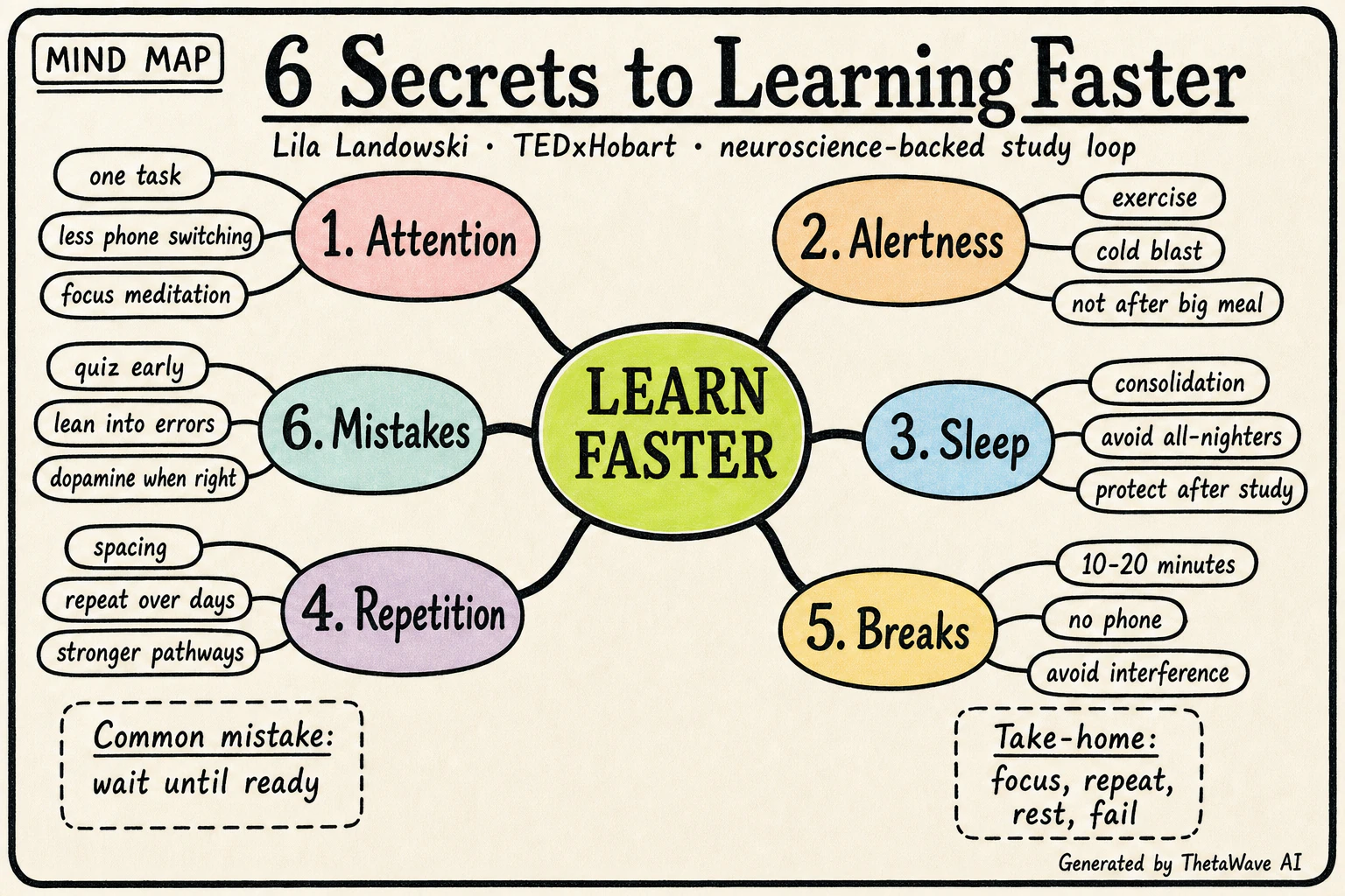Mind map for Brain Hack: 6 secrets to learning faster, backed by neuroscience | Lila Landowski | TEDxHobart