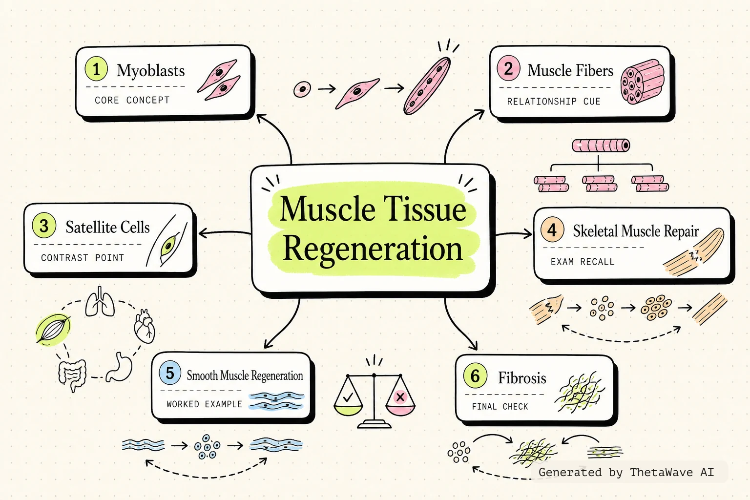 Mind map for Anatomy and Physiology 2e: 10.9 Development and Regeneration of Muscle Tissue