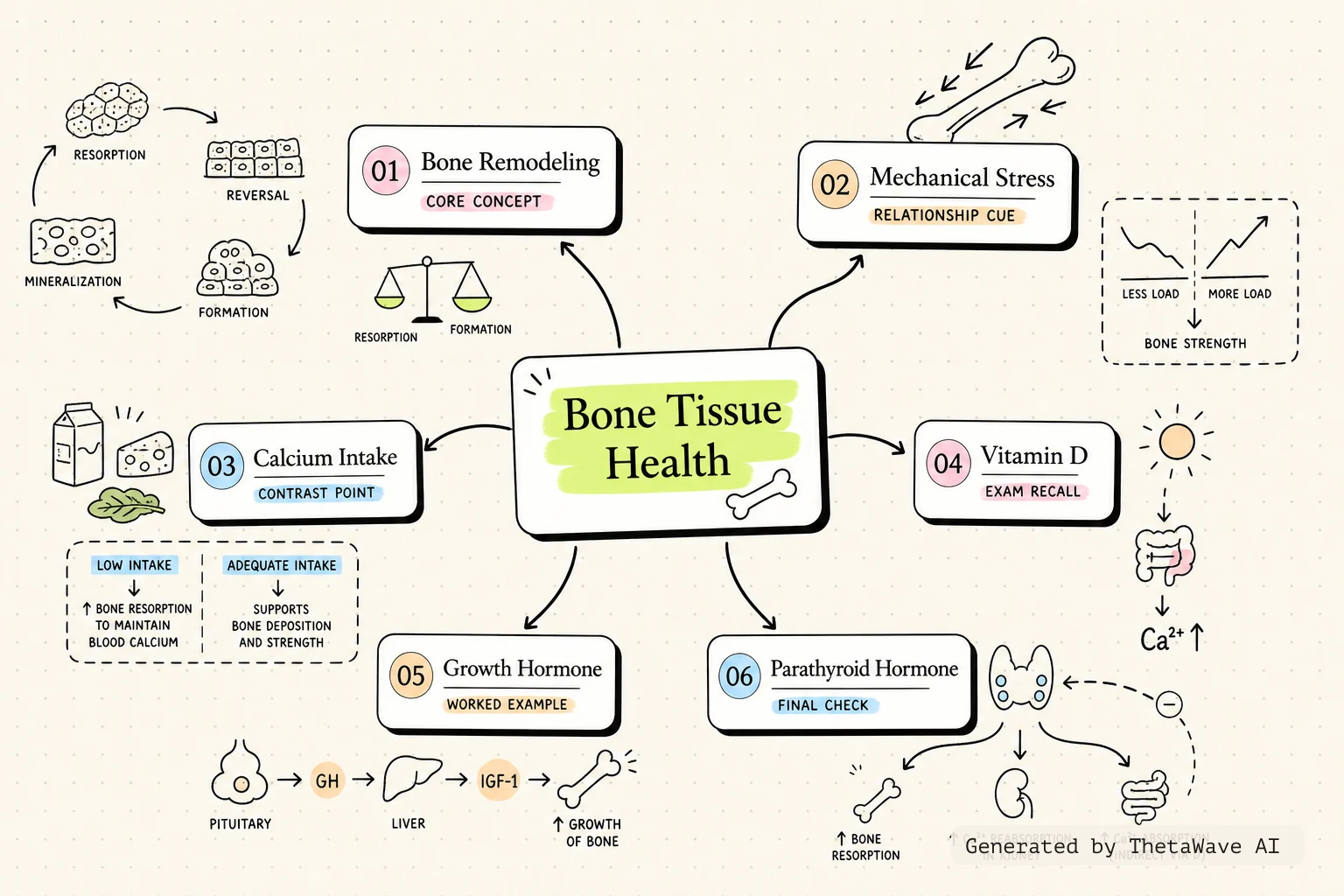 Mind map for Anatomy and Physiology 2e: 6.6 Exercise, Nutrition, Hormones, and Bone Tissue