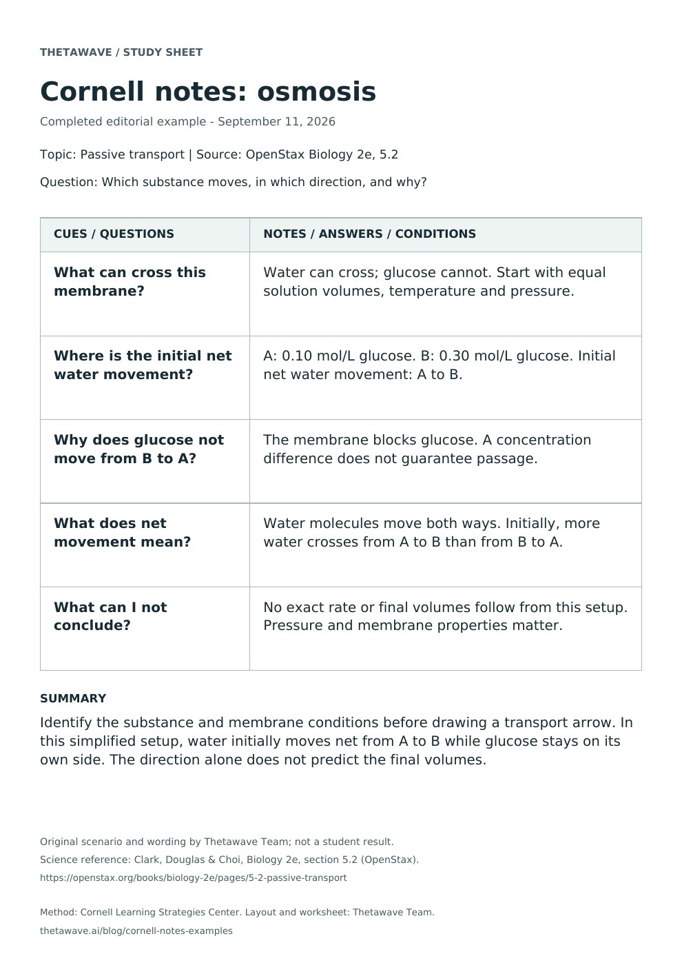 Completed Cornell note with five cue questions, answers predicting initial net water movement from A to B, and a summary preserving membrane conditions