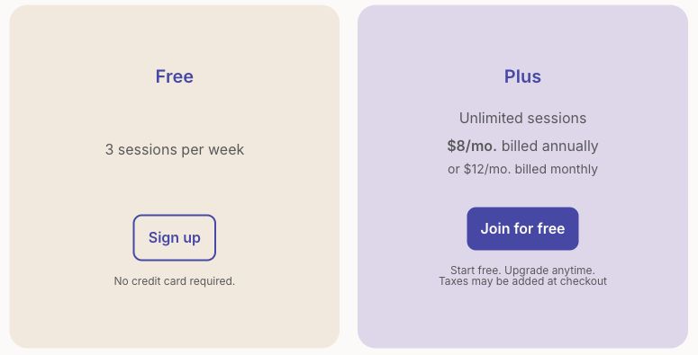 Focusmate's pricing cards show three free sessions per week and an unlimited paid Plus plan