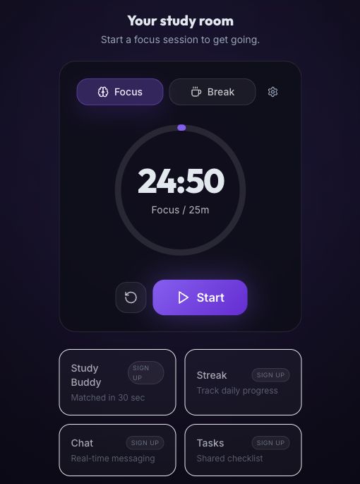 Studuo's guest timer is paused at 24:50, with Study Buddy, Streak, Chat, and Tasks marked Sign Up