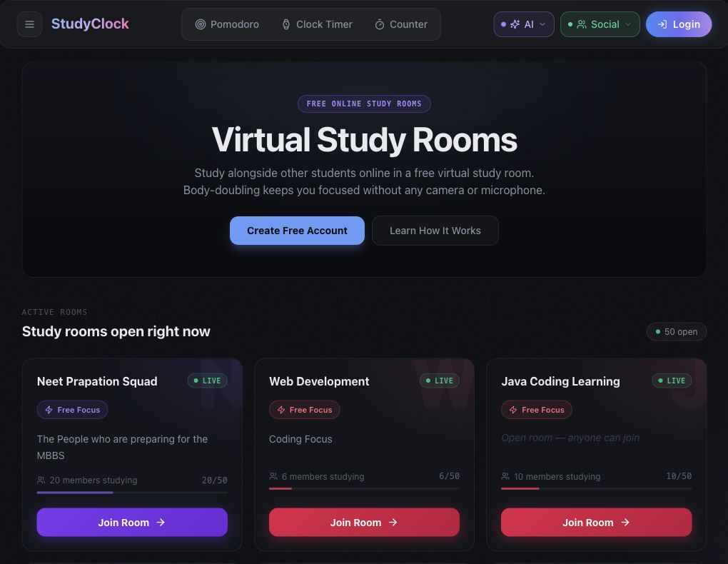 StudyClock's public room listing shows no-camera and no-microphone access, a free-account button, and available room cards