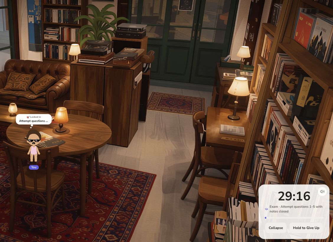 Our avatar sits in ThetaWave's Vinyl Bookstore while a timer counts down from 30 minutes and displays the current practice task