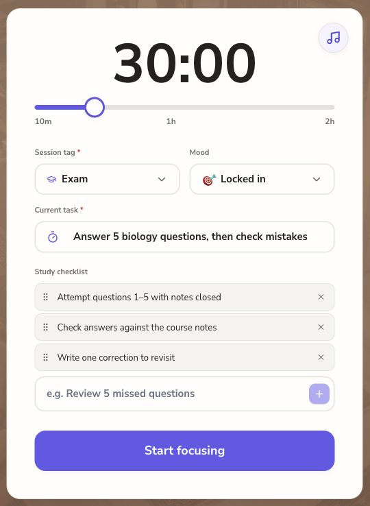 A filled ThetaWave Focus setup contains a 30-minute timer, an exam task, and three checklist items for attempting questions, checking answers, and writing a correction